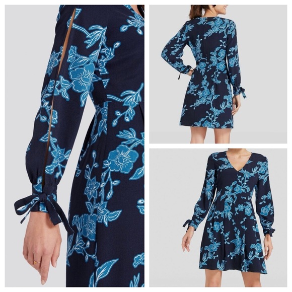 Draper James Blue and Navy Floral V-Neck A-Line Dress With Open Sleeves Size 6 - Picture 9 of 9